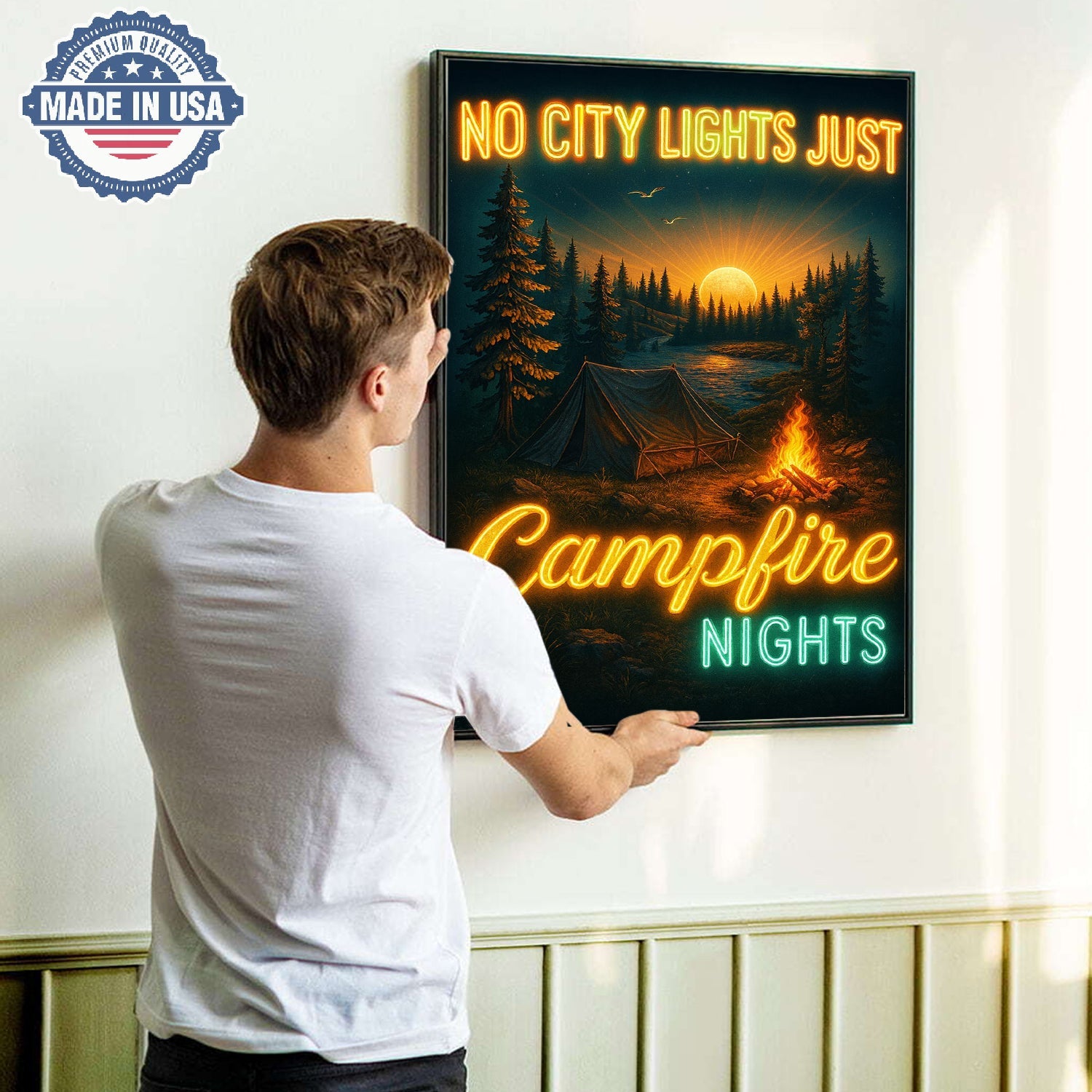 No City Lights Just Campfire Nights Canvas Wall Art – Neon Camping Quote with Forest Lake Sunset, Cozy Outdoor Adventure Home Decor