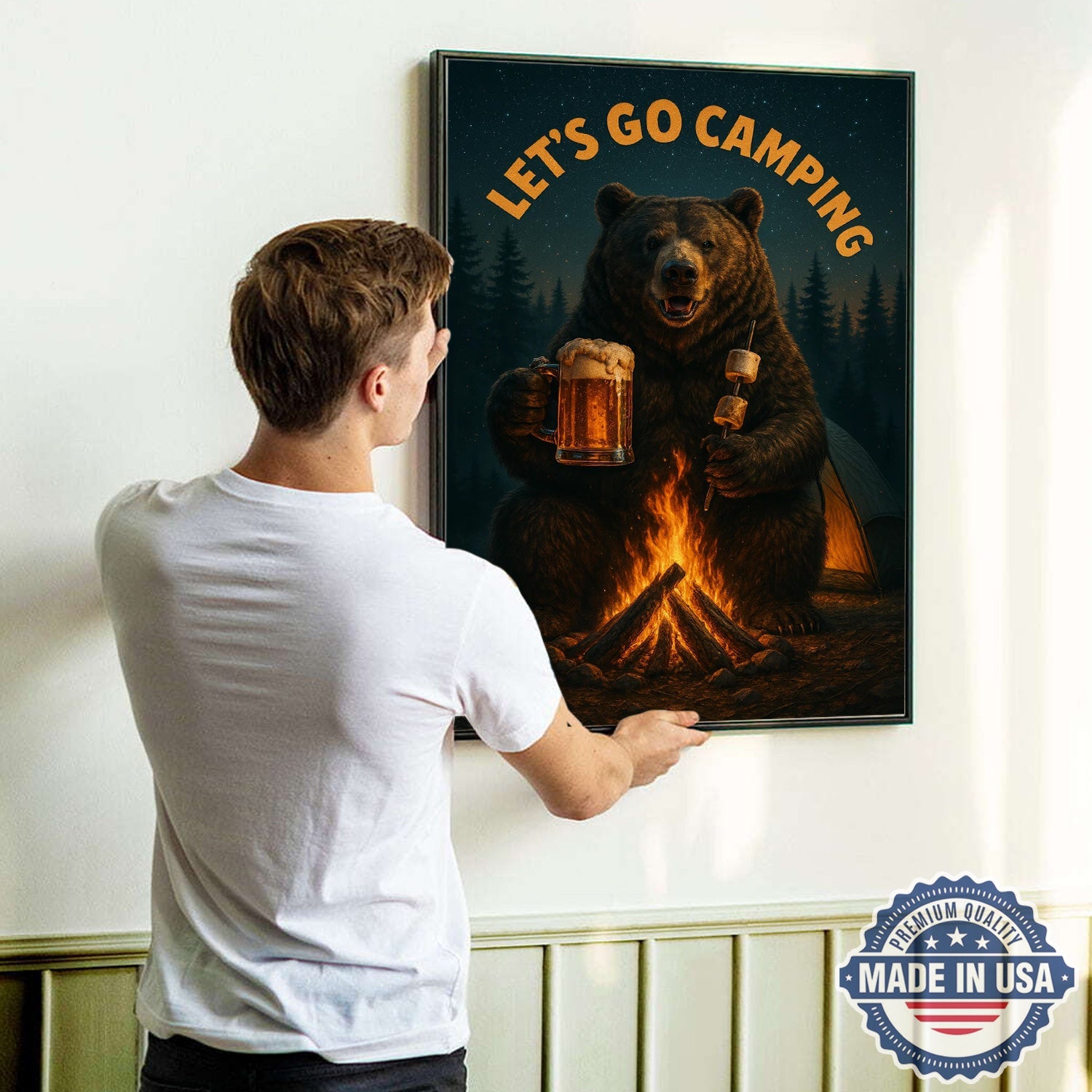 Let’s Go Camping Bear Canvas Wall Art – Funny Wildlife Campfire Illustration with Forest Night Scene, Rustic Outdoor Adventure Home Decor