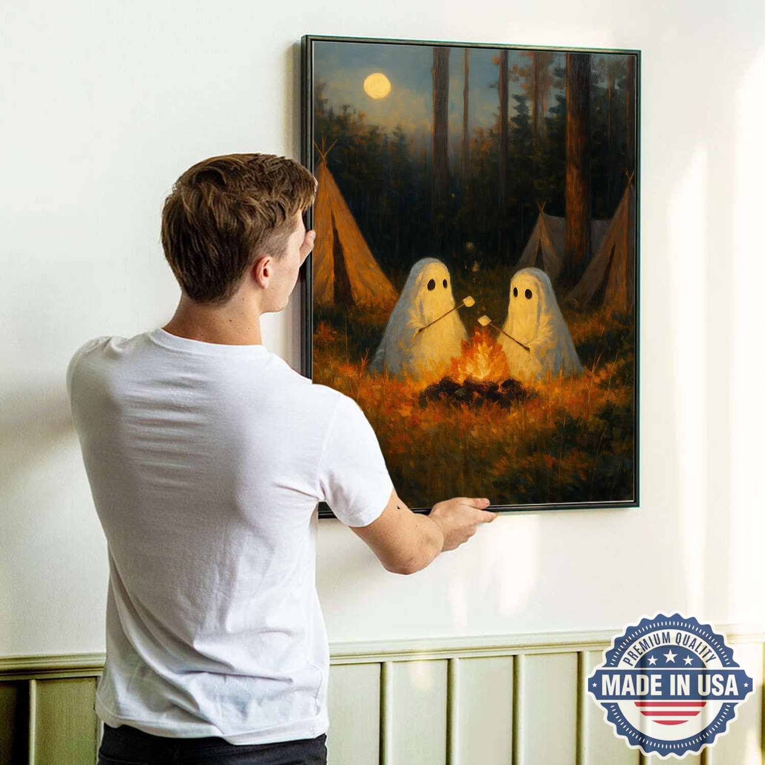 Ghost Camping Canvas Wall Art – Cute Campfire Night Illustration with Friendly Spirits, Whimsical Forest Adventure Home Decor