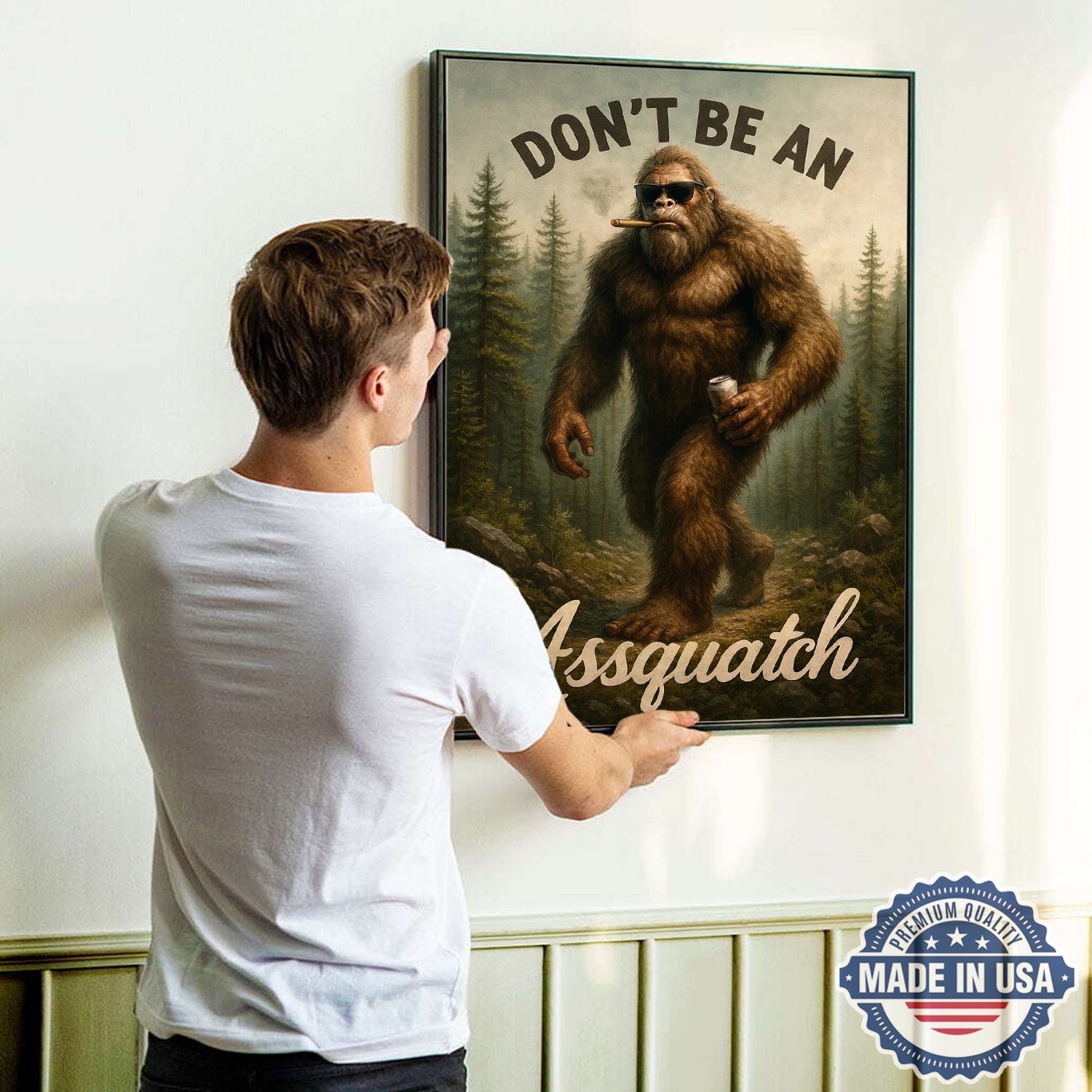 Don’t Be an Assquatch Canvas Wall Art – Funny Sasquatch Forest Illustration, Rustic Cabin Humor Wilderness Home Decor