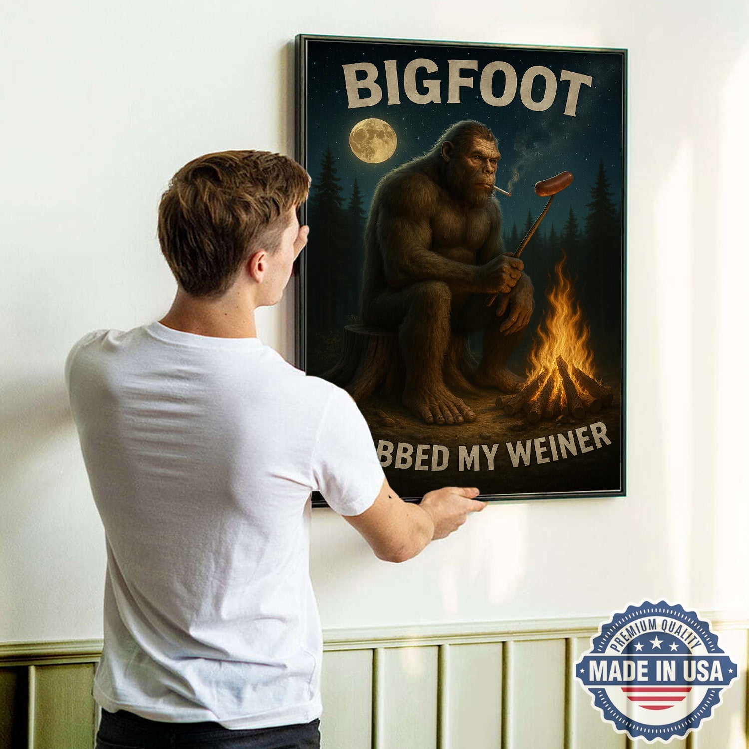 Funny Bigfoot Campfire Canvas Wall Art – Humorous Sasquatch Night Camping Illustration, Rustic Forest Cabin Humor Decor