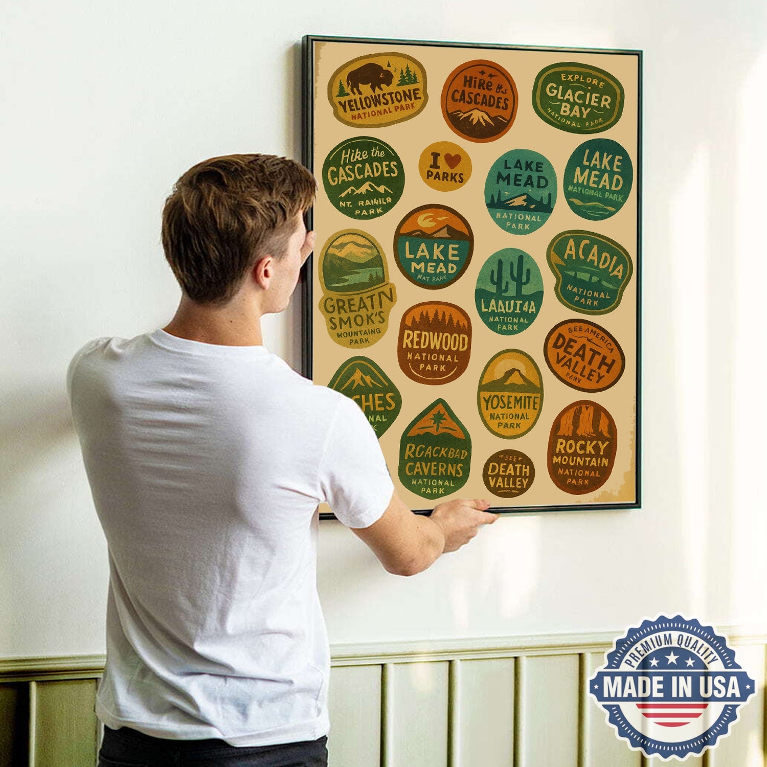 US National Parks Vintage Poster – Retro Travel Badges Wall Art Canvas, Gift for Campers