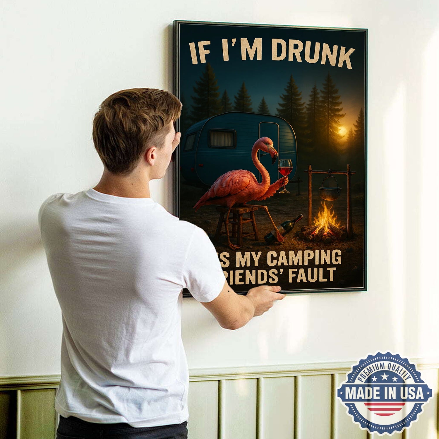Funny Flamingo Camping Canvas – “If I’m Drunk It’s My Camping Friends’ Fault” Wall Art