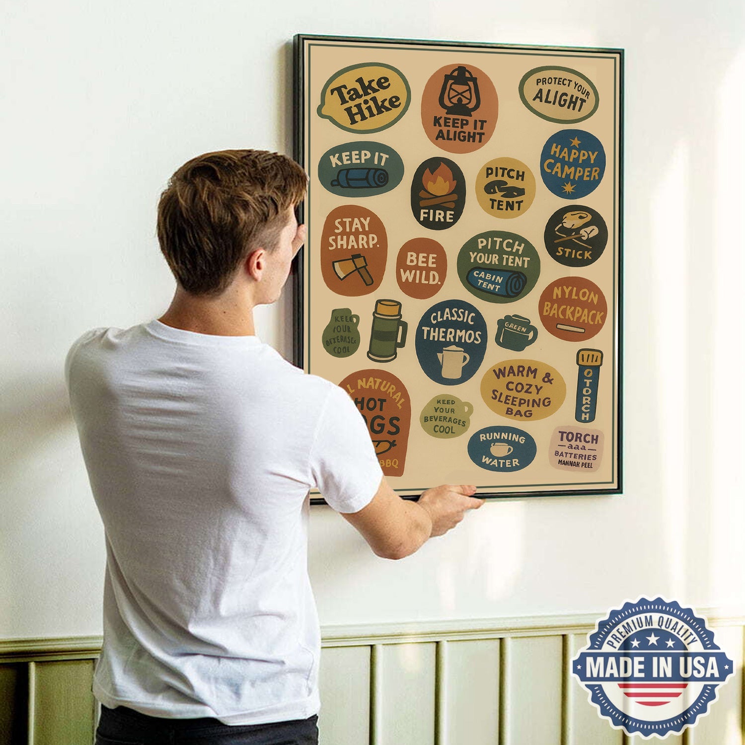 Retro Camping Rules Canvas Wall Art – Vintage Outdoor Icons Wall Art Canvas, Gift for Campers