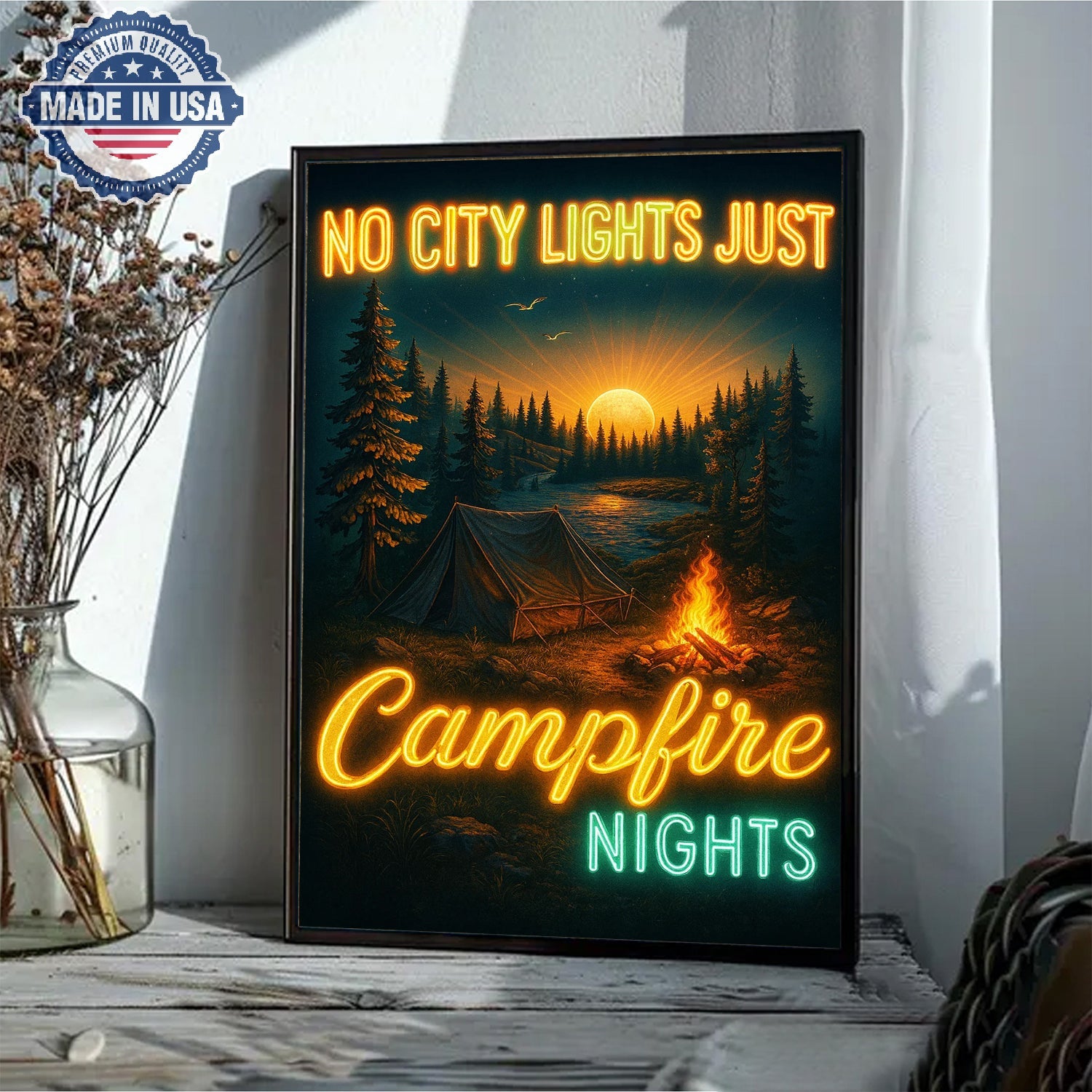 No City Lights Just Campfire Nights Canvas Wall Art – Neon Camping Quote with Forest Lake Sunset, Cozy Outdoor Adventure Home Decor