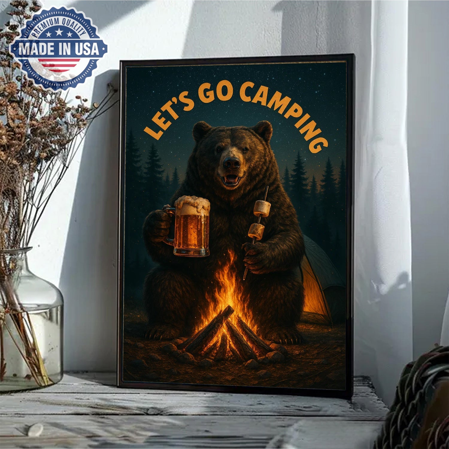 Let’s Go Camping Bear Canvas Wall Art – Funny Wildlife Campfire Illustration with Forest Night Scene, Rustic Outdoor Adventure Home Decor