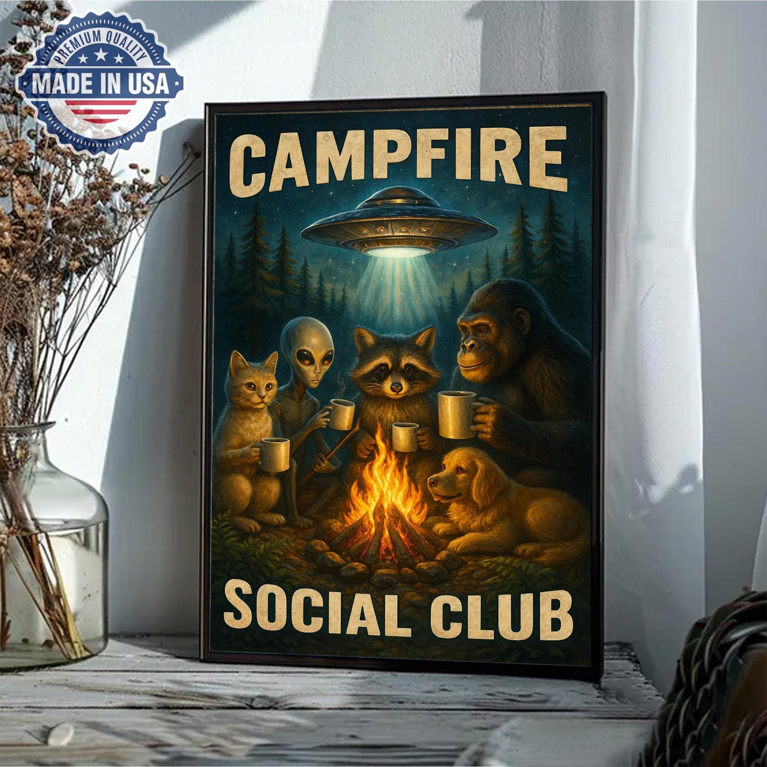 Campfire Social Club Canvas Wall Art – Whimsical Night Camping Illustration with Forest Friends & UFO, Funny Outdoor Adventure Home Decor