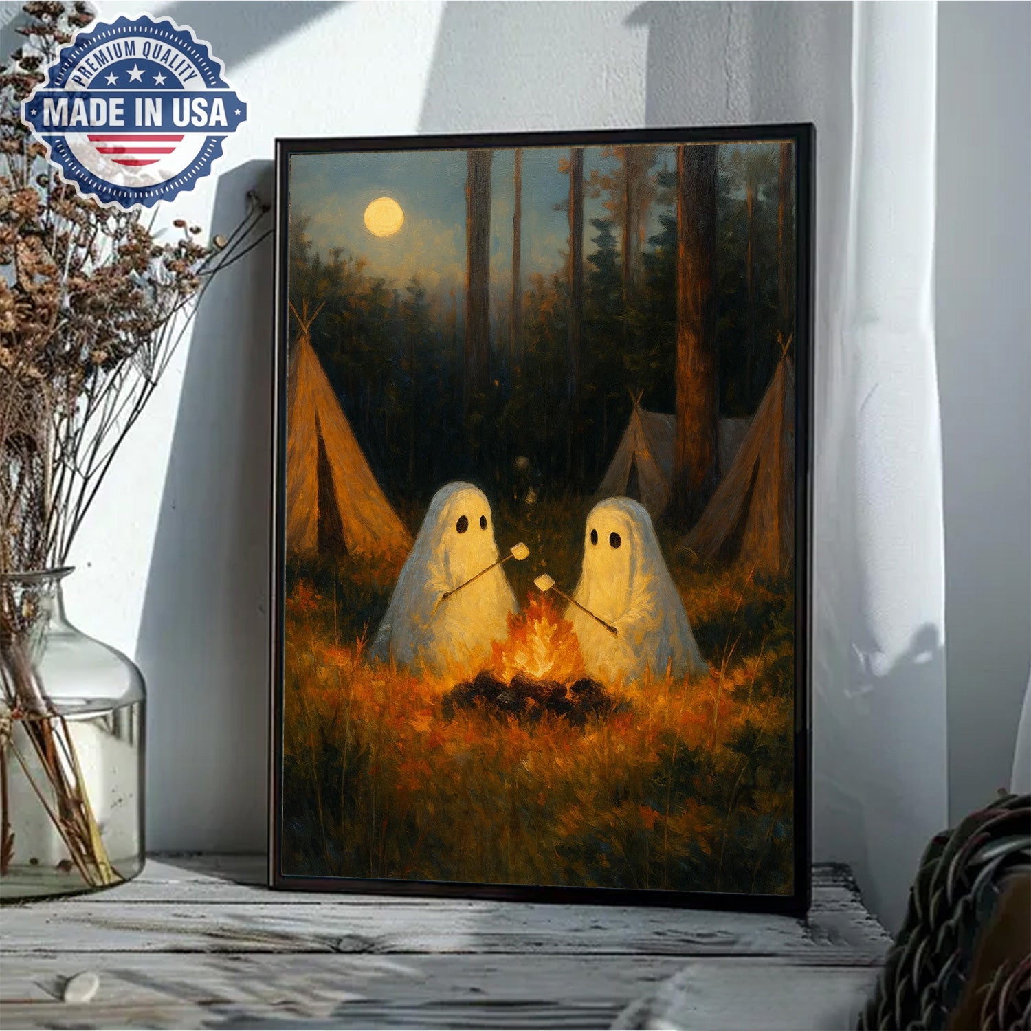 Ghost Camping Canvas Wall Art – Cute Campfire Night Illustration with Friendly Spirits, Whimsical Forest Adventure Home Decor