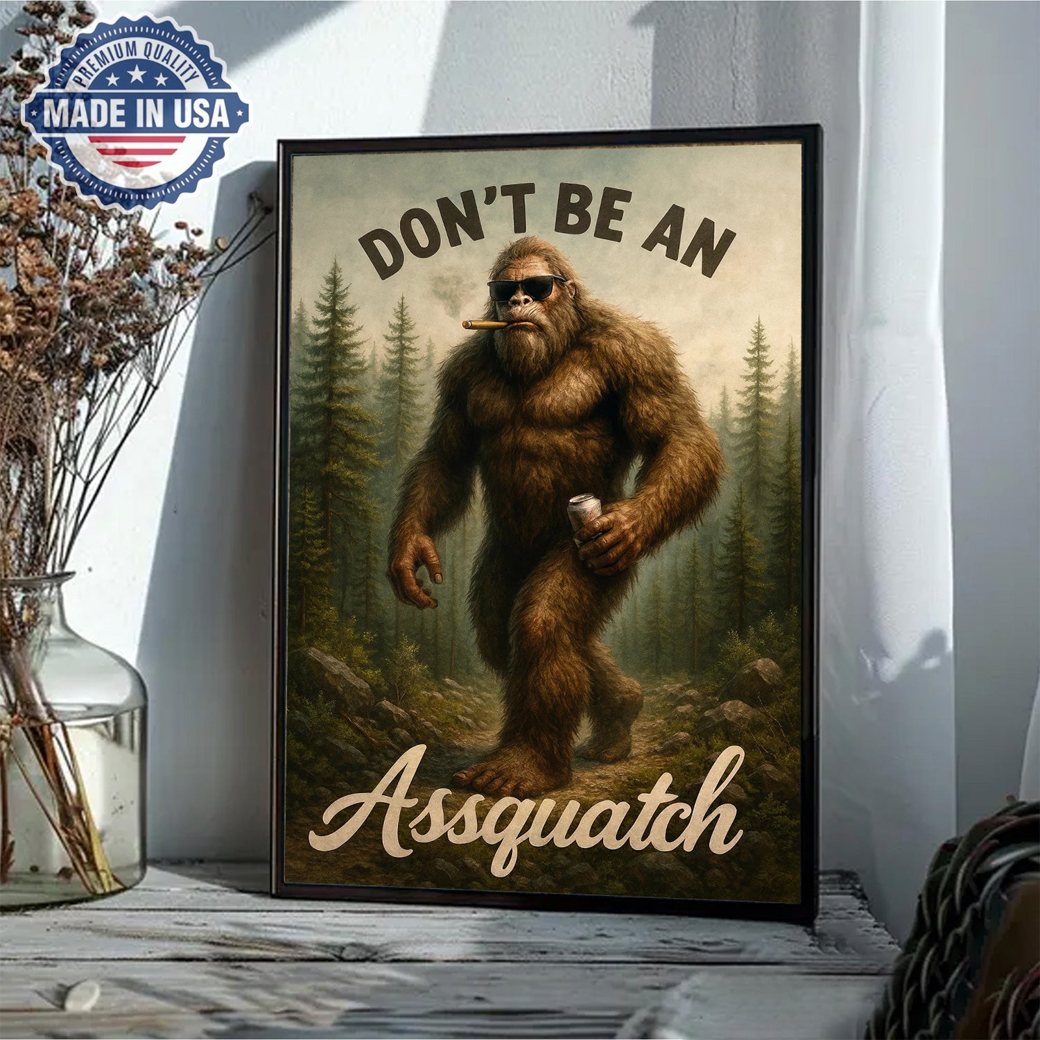Don’t Be an Assquatch Canvas Wall Art – Funny Sasquatch Forest Illustration, Rustic Cabin Humor Wilderness Home Decor