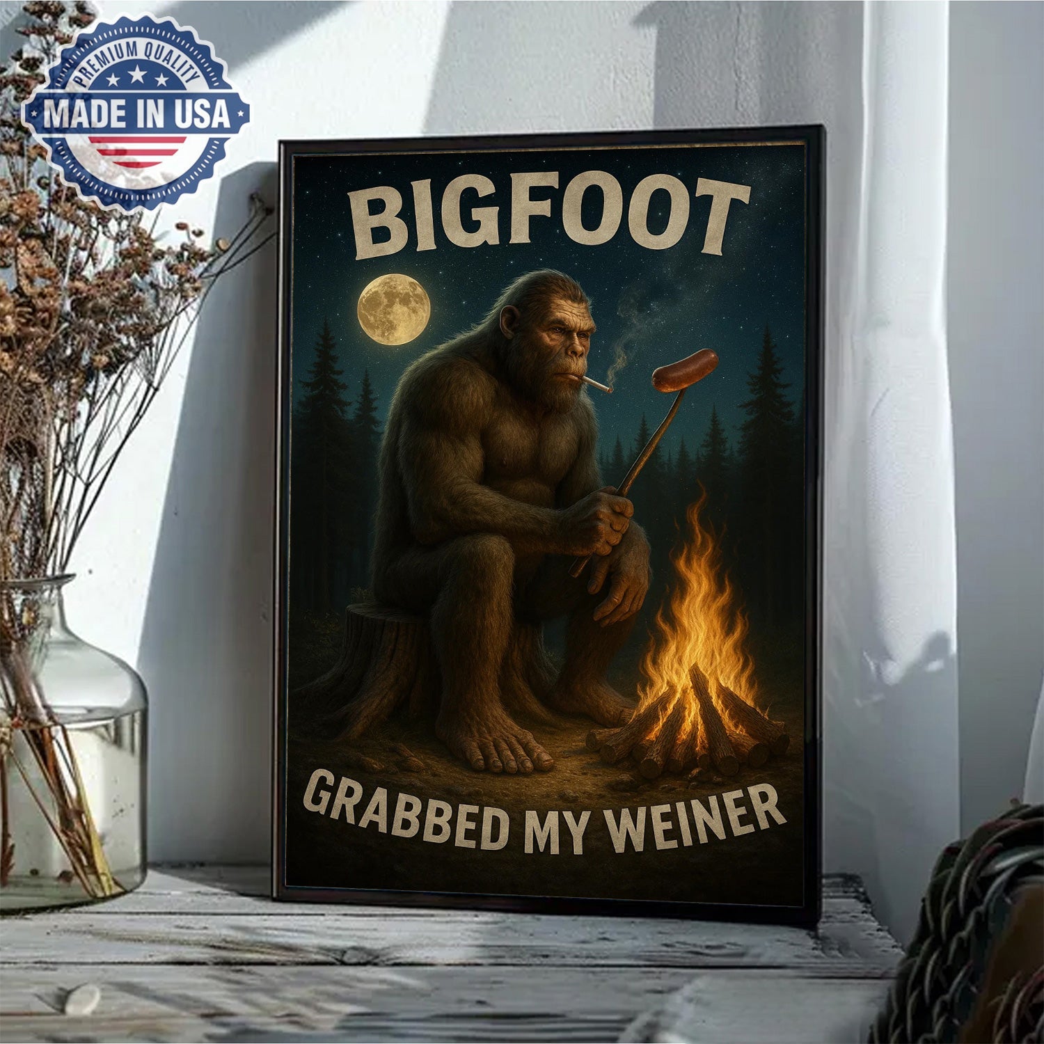 Funny Bigfoot Campfire Canvas Wall Art – Humorous Sasquatch Night Camping Illustration, Rustic Forest Cabin Humor Decor