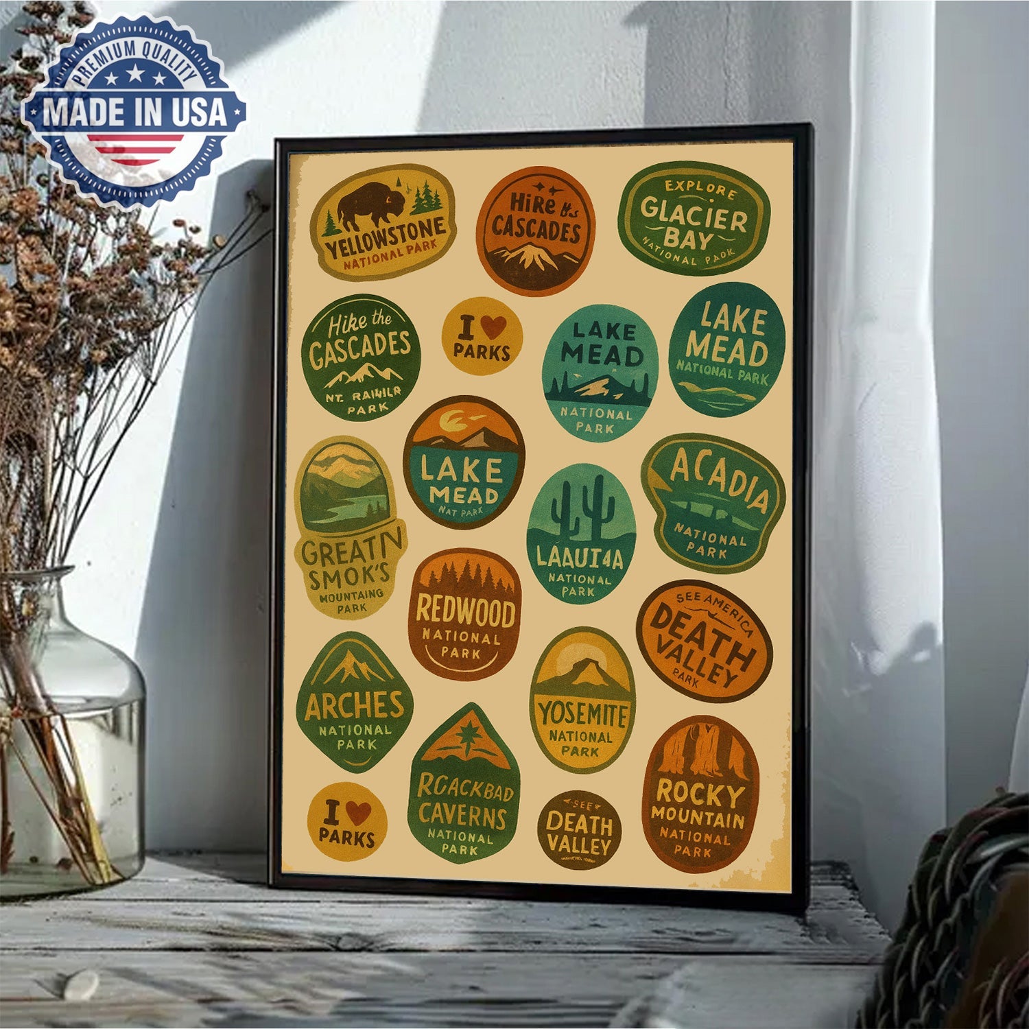 US National Parks Vintage Poster – Retro Travel Badges Wall Art Canvas, Gift for Campers