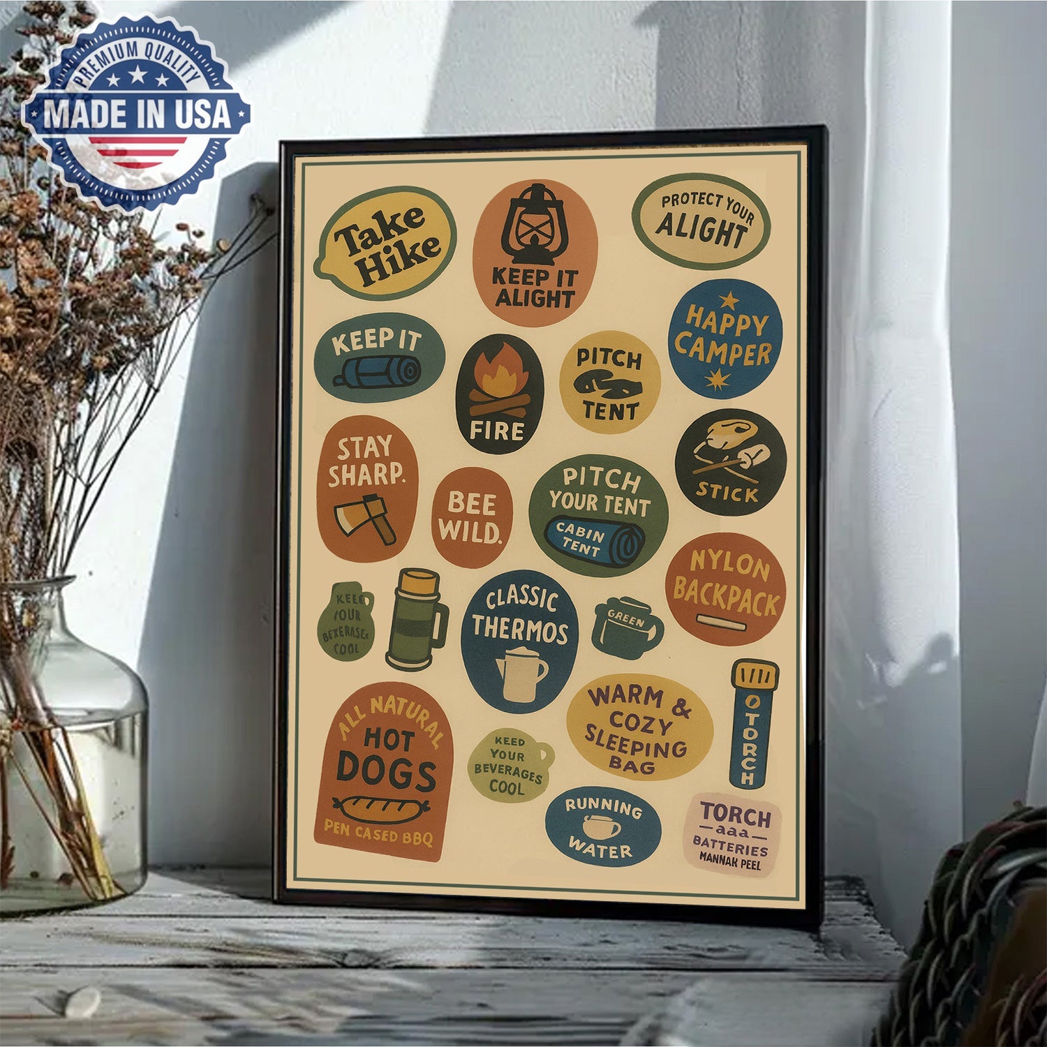 Retro Camping Rules Canvas Wall Art – Vintage Outdoor Icons Wall Art Canvas, Gift for Campers