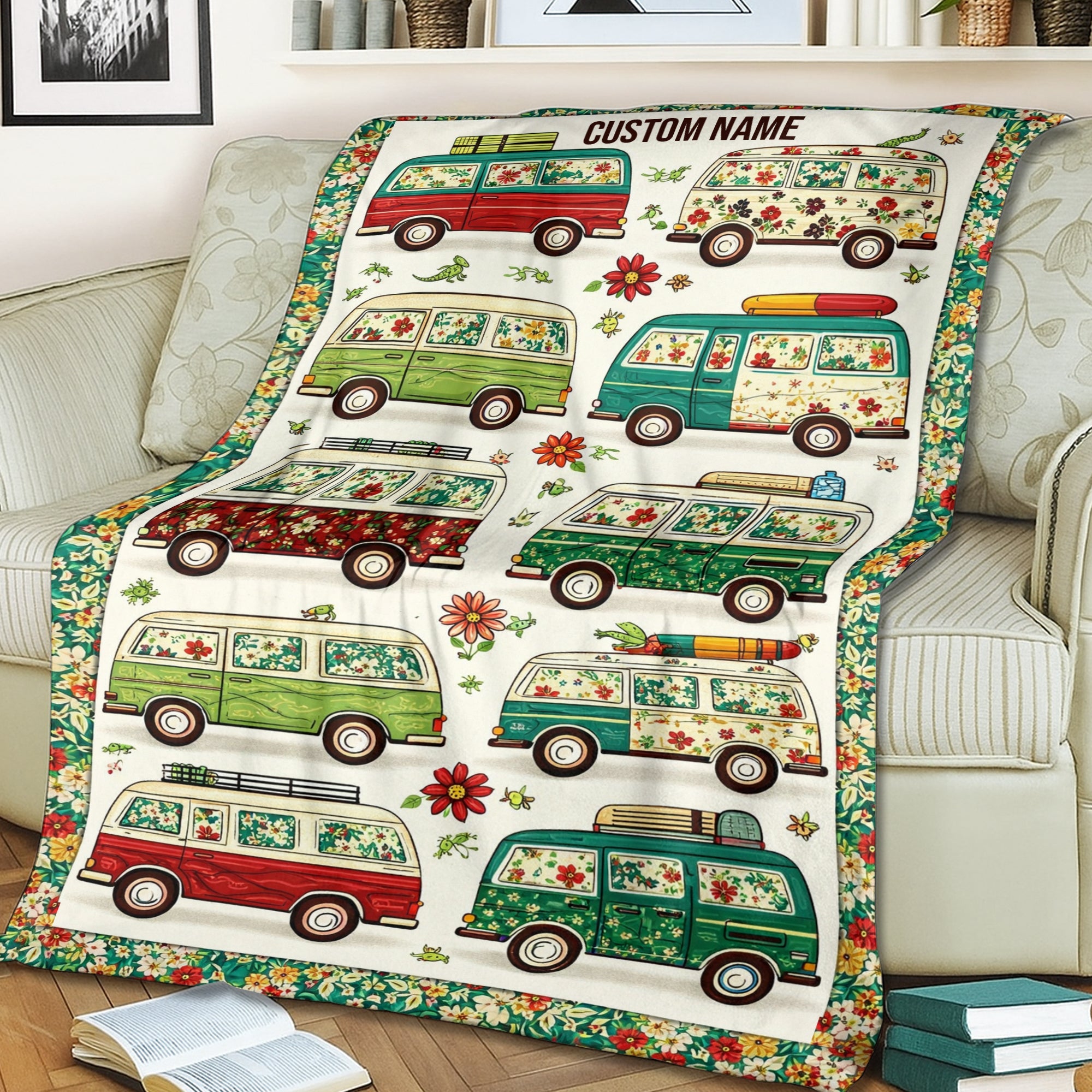 Personalized Camper Van Blanket – Custom Name Retro Travel Quilt, Cozy Gift for Couples & RV Lovers