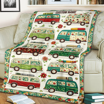 Personalized Camper Van Blanket – Custom Name Retro Travel Quilt, Cozy Gift for Couples & RV Lovers