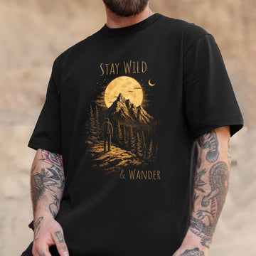 Stay Wild And Wander T-Shirt, Moon Mountain Hiking Graphic Tee, Minimalist Outdoor Adventure Nature Shirt