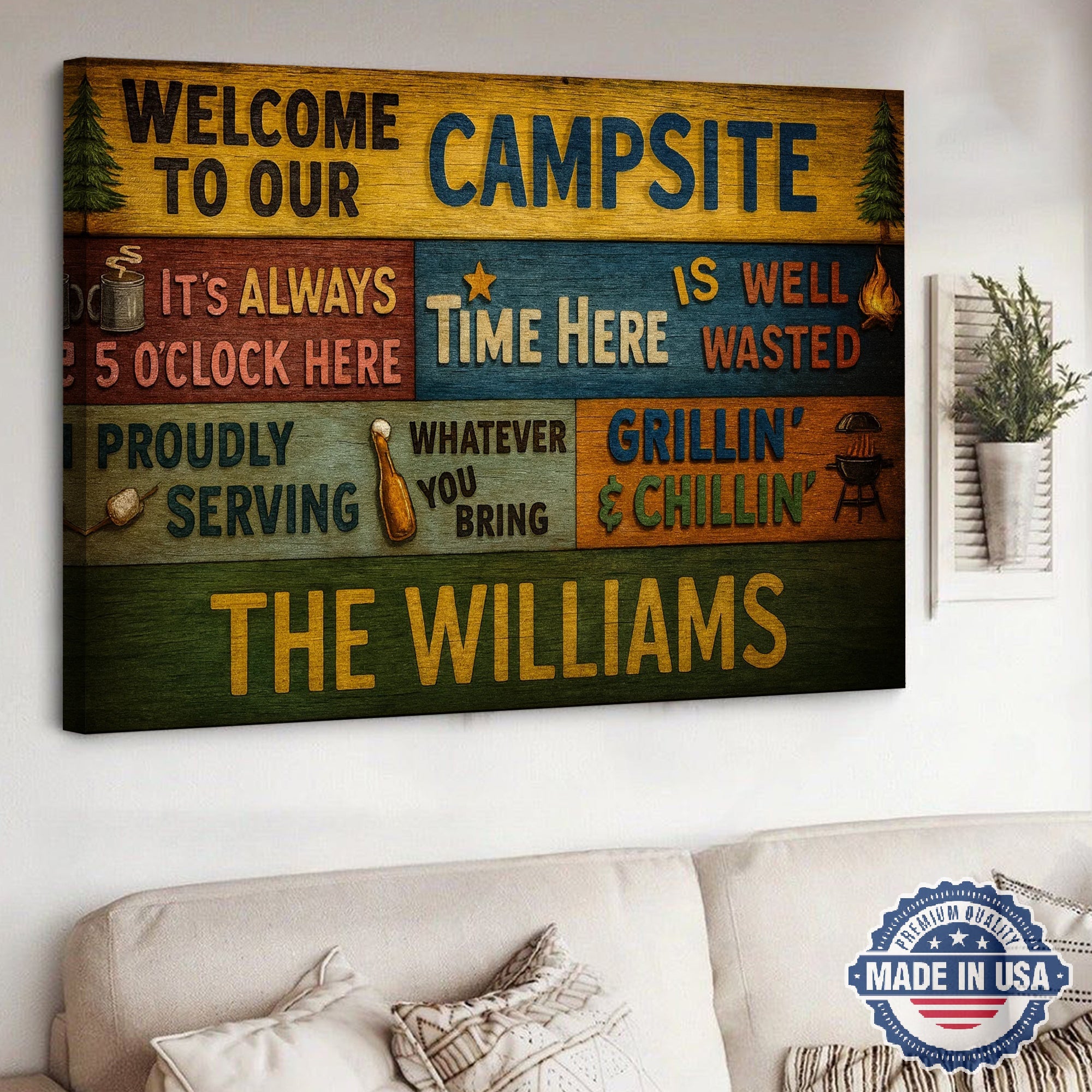 Personalized Welcome Campsite Canvas – Funny Camping Family Name Wall Art Rustic Outdoor Decor