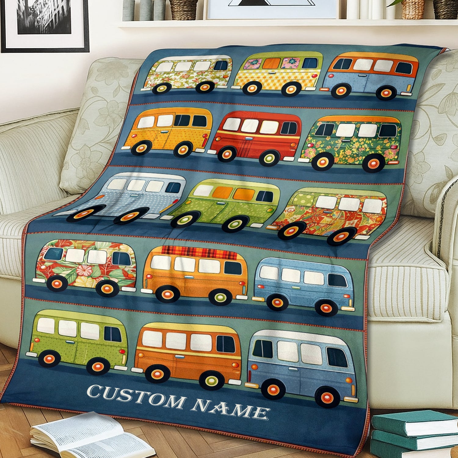 Personalized Retro Camper Van Fleece Blanket – Custom Name Vintage Van Life Quilt Throw for Travel Lovers