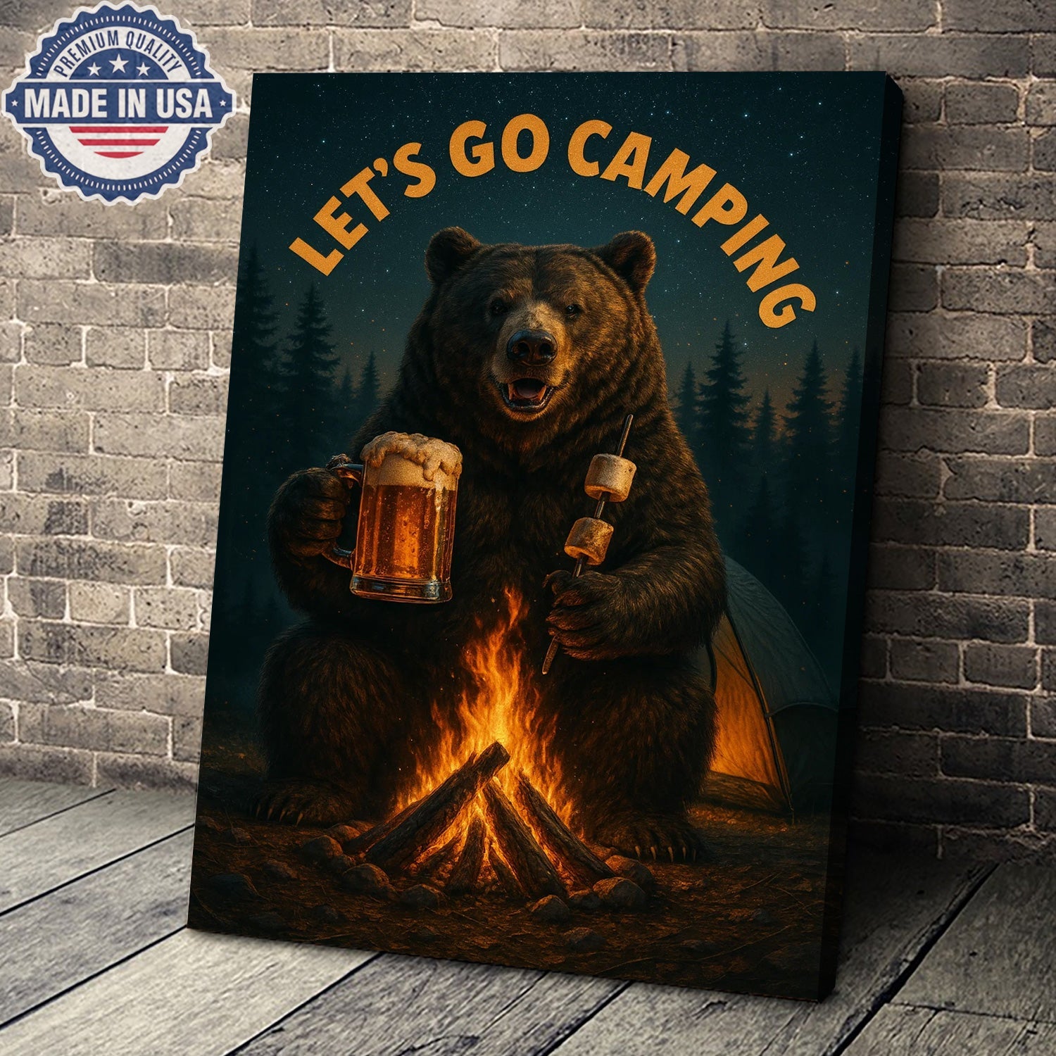 Let’s Go Camping Bear Canvas Wall Art – Funny Wildlife Campfire Illustration with Forest Night Scene, Rustic Outdoor Adventure Home Decor