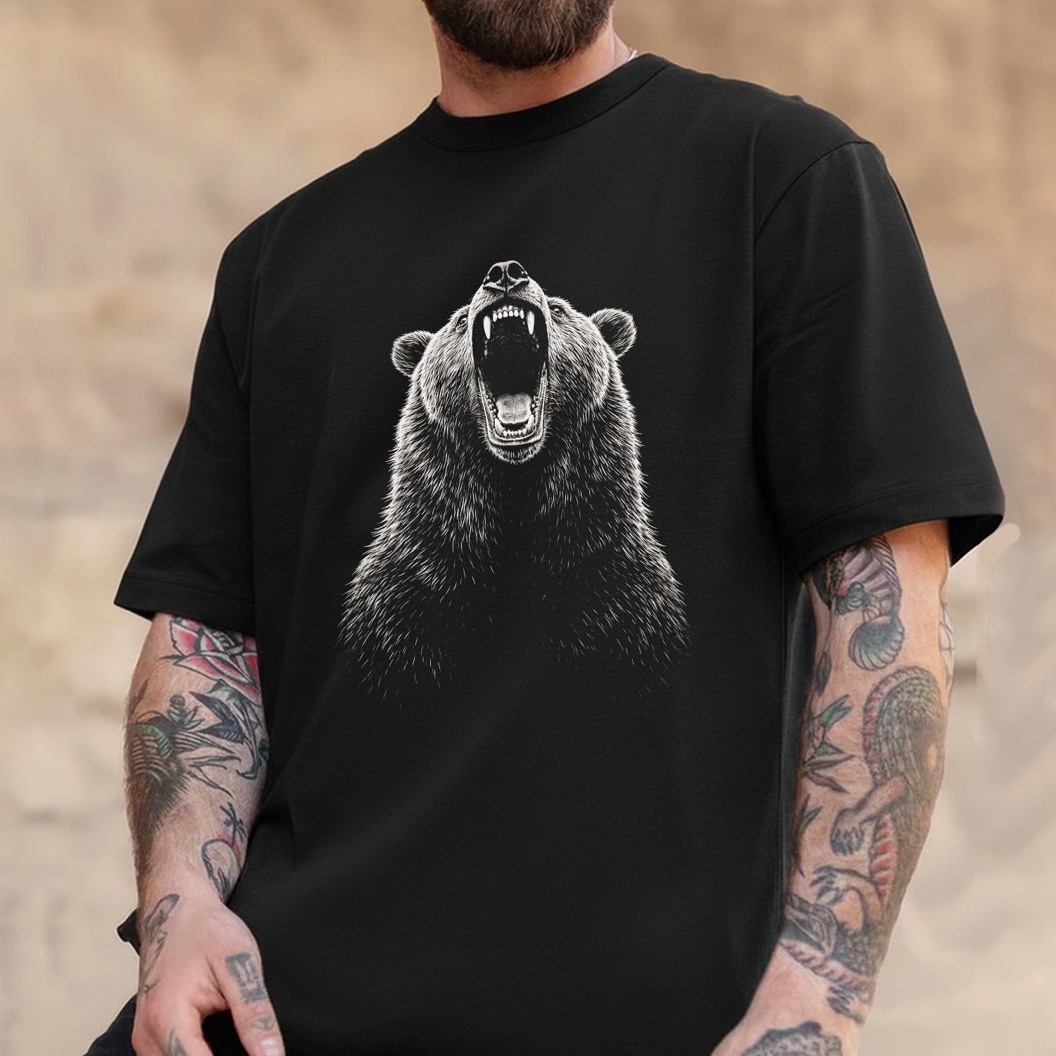 Roaring Bear Face T-Shirt – Minimalist Wildlife Graphic Tee, Powerful Grizzly Animal Art Shirt