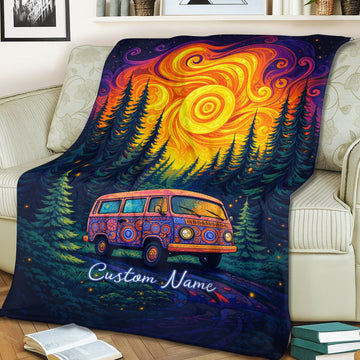 Personalized Psychedelic Camper Blanket – Custom Name Night Van Gift for Free Spirits