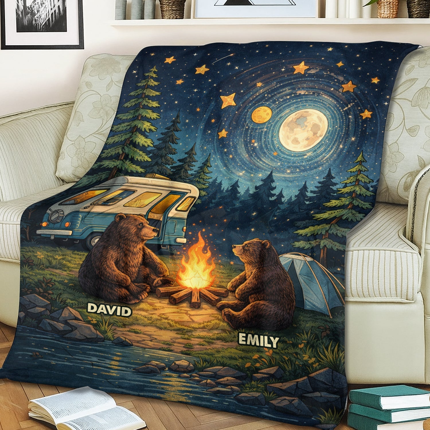 Personalized Camping Couple Fleece Blanket – Custom Name Bear Campfire Night Throw for Couples & Outdoor Lovers