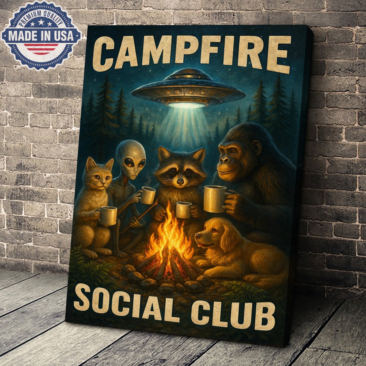 Campfire Social Club Canvas Wall Art – Whimsical Night Camping Illustration with Forest Friends & UFO, Funny Outdoor Adventure Home Decor