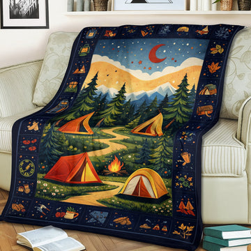 Camping Night Fleece Blanket – Mountain Campfire Tent Throw for Camping Lovers & Outdoor Home Decor
