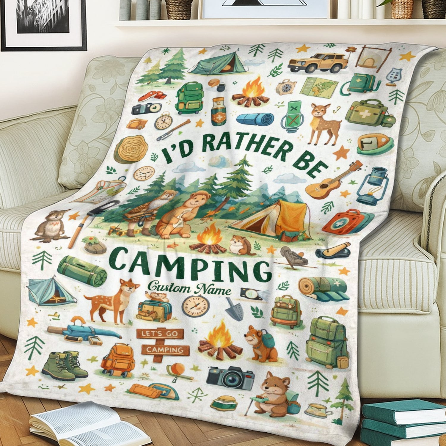 Personalized I’d Rather Be Camping Blanket – Custom Name Cute Camping Gift