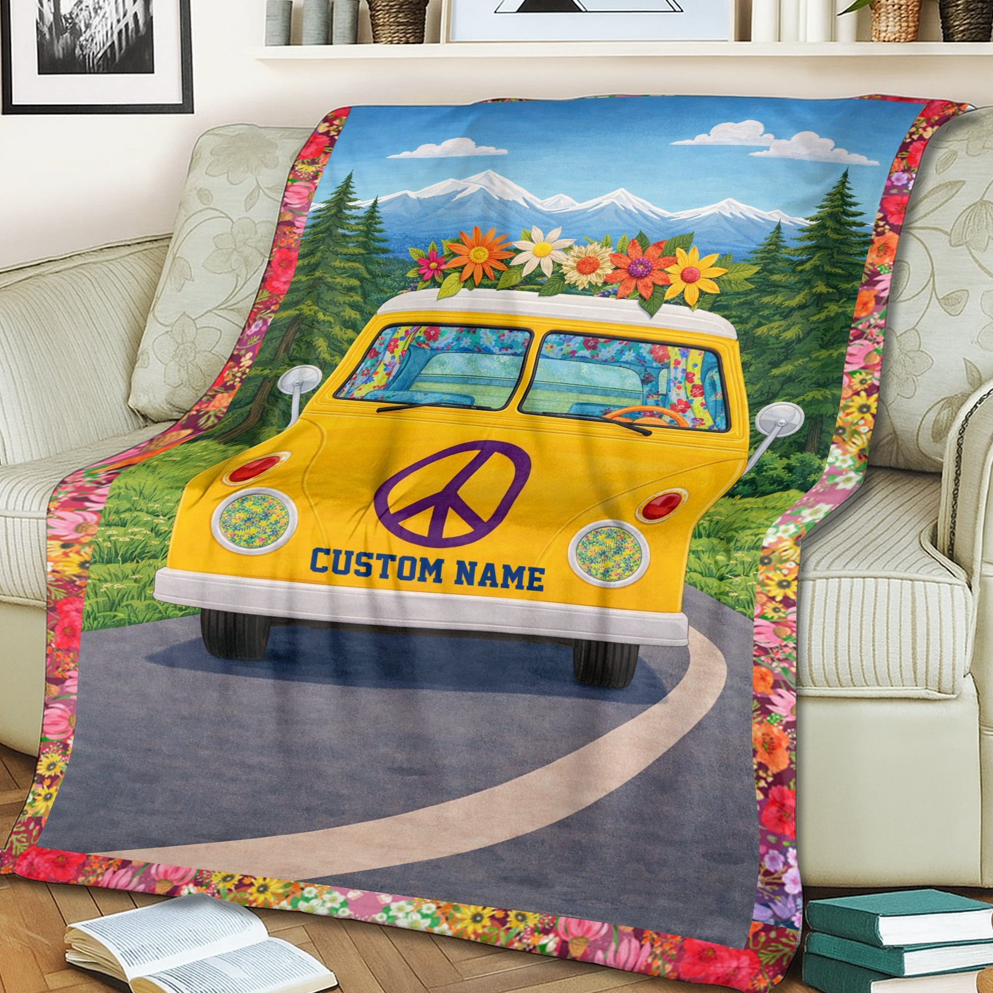 Personalized Hippie Camper Blanket – Custom Name Van Life Couple Gift, Cozy Adventure Throw
