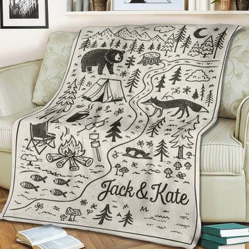 Personalized Camping Couple Blanket – Custom Name Forest Adventure Throw Gift