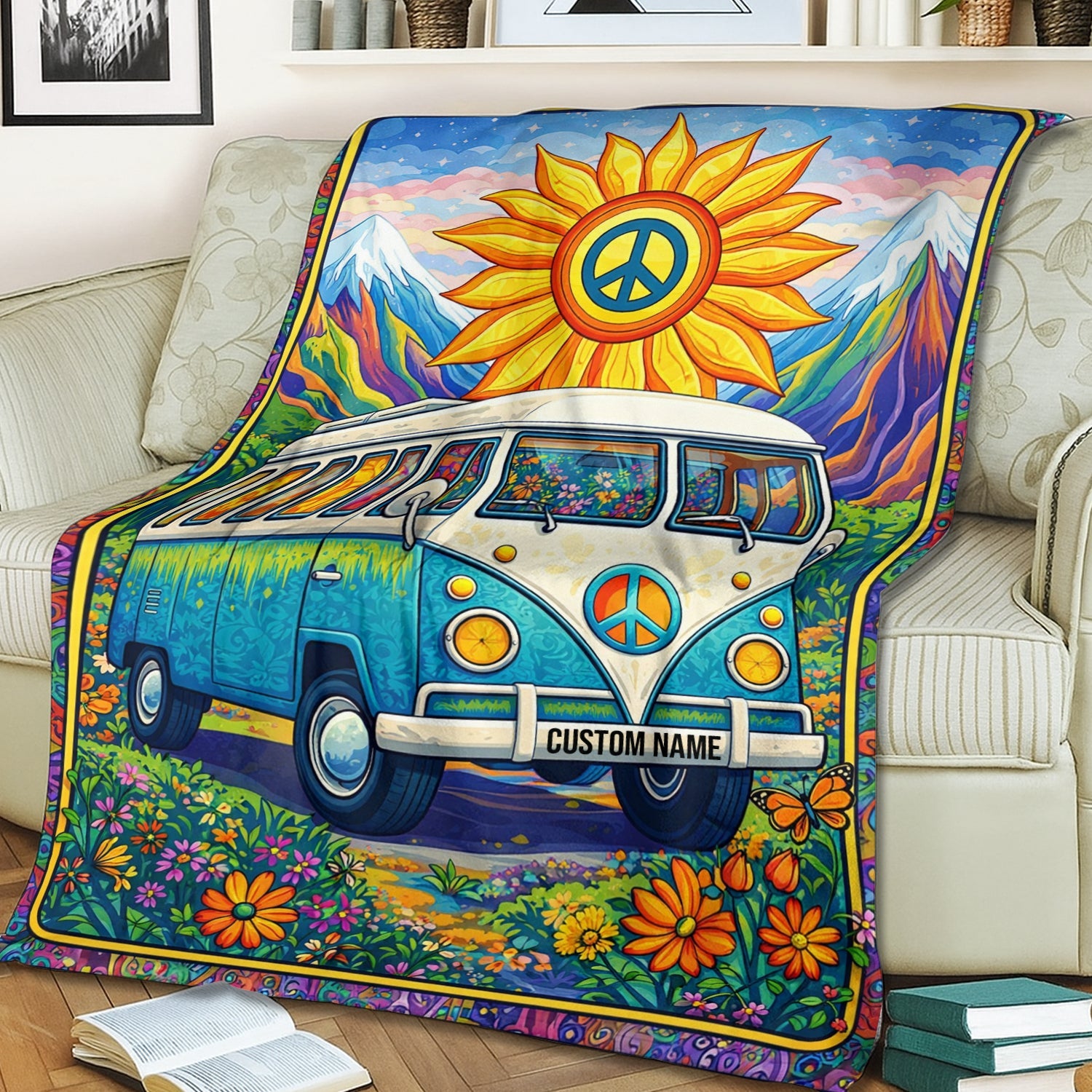 Personalized Hippie Van Blanket – Custom Name Peace & Love Camping Gift