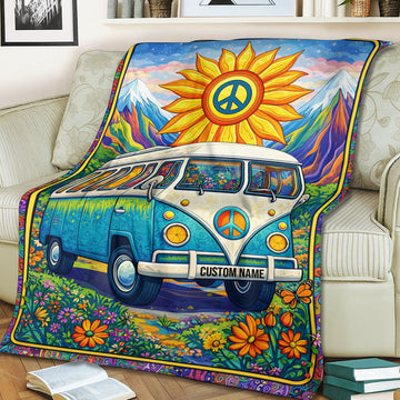 Personalized Hippie Van Blanket – Custom Name Peace & Love Camping Gift