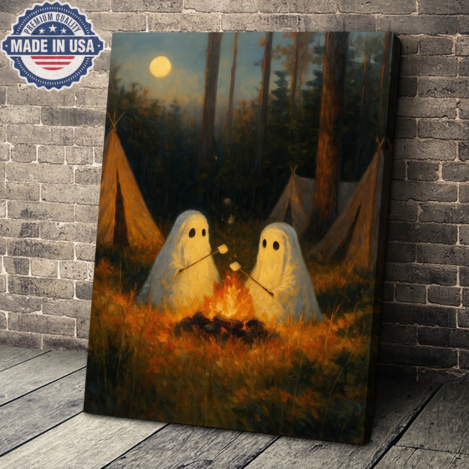 Ghost Camping Canvas Wall Art – Cute Campfire Night Illustration with Friendly Spirits, Whimsical Forest Adventure Home Decor