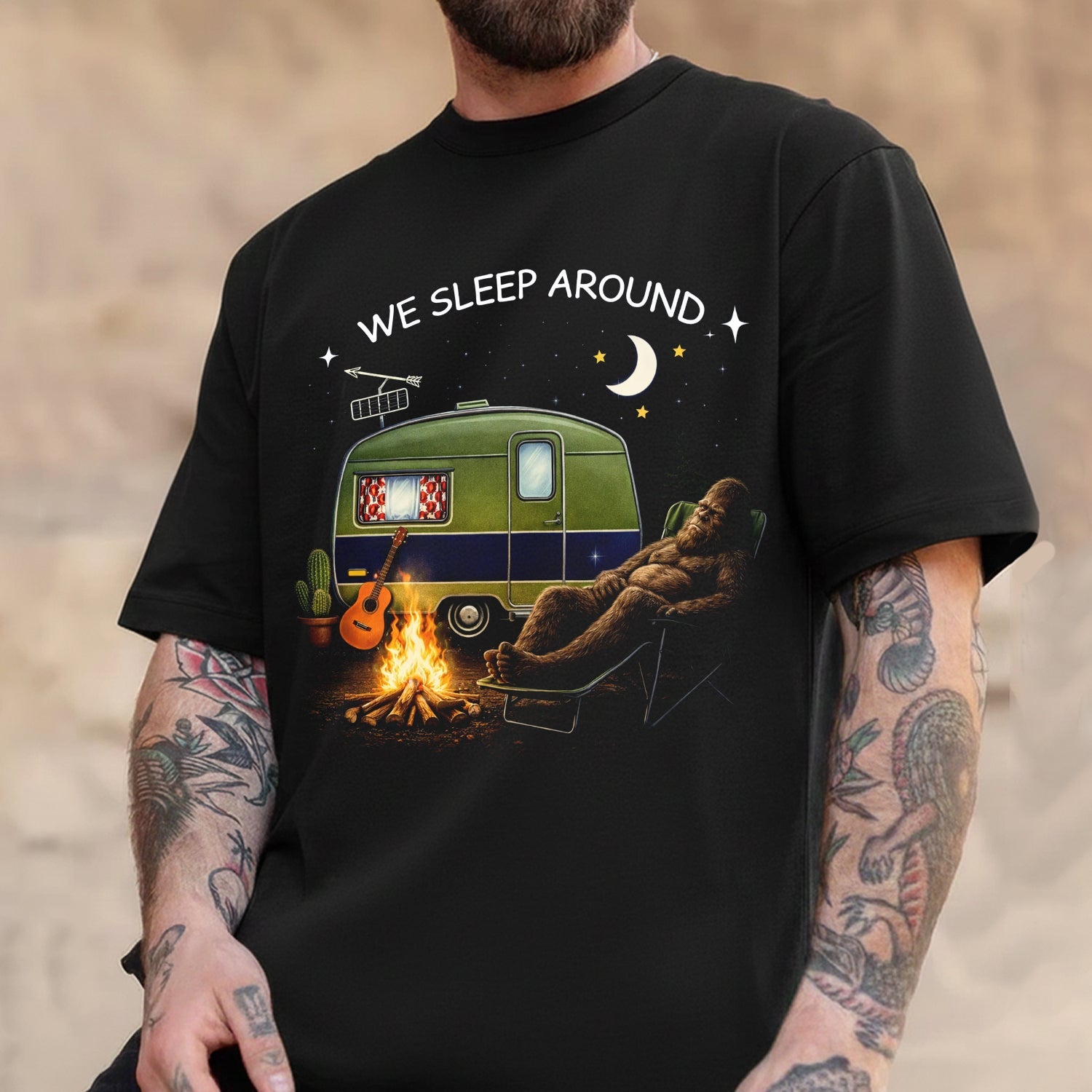 Funny Bigfoot Camping T-Shirt – Sasquatch Relaxing by Campfire Graphic Tee, Vintage Camper Night Scene Shirt, Outdoor Adventure Humor Apparel