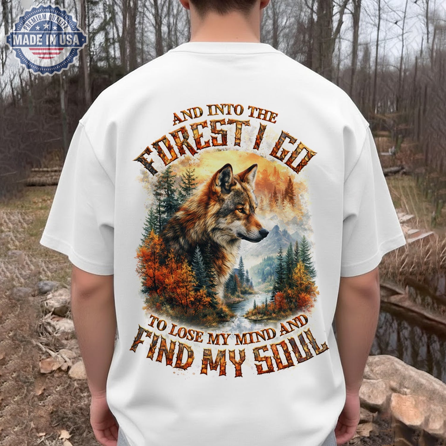 And Into The Forest I Go Wolf T-Shirt, Autumn Wilderness Wolf Landscape Graphic Tee, Nature Soul Adventure Shirt for Men & Women