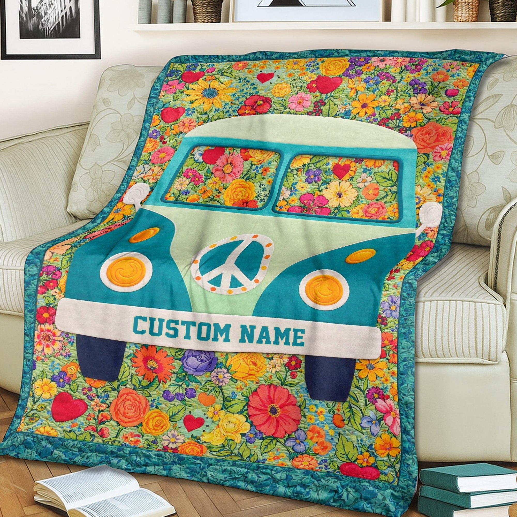 Personalized Hippie Camper Fleece Blanket – Custom Name Floral Van Quilt, Peace & Love Gift