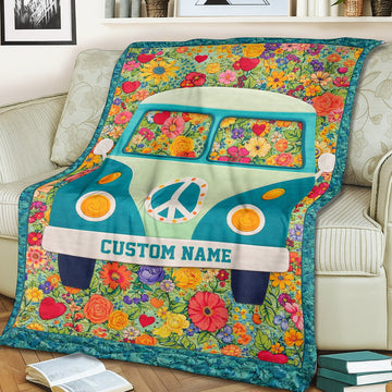 Personalized Hippie Camper Fleece Blanket – Custom Name Floral Van Quilt, Peace & Love Gift