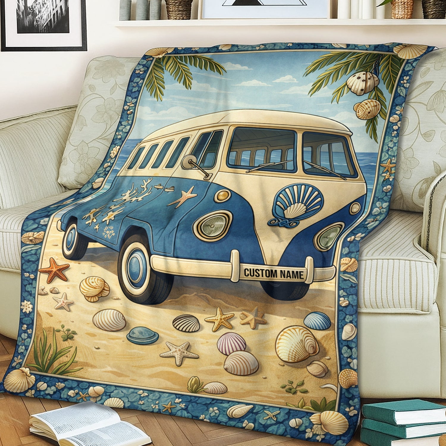 Personalized Beach Van Blanket – Custom Name Coastal Vanlife Summer Gift