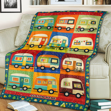 Personalized Camper Patchwork Blanket – Custom Name Camping Quilt, Cozy RV Gift