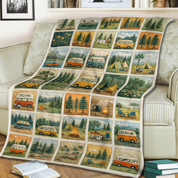 Retro Van Life Fleece Blanket – Camper Van Throw Blanket for RV Lovers & Adventure Home Decor