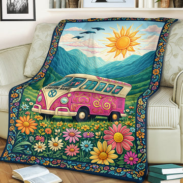 Personalized Hippie Van Life Fleece Blanket – Custom Name Retro Flower Peace Camping Gift