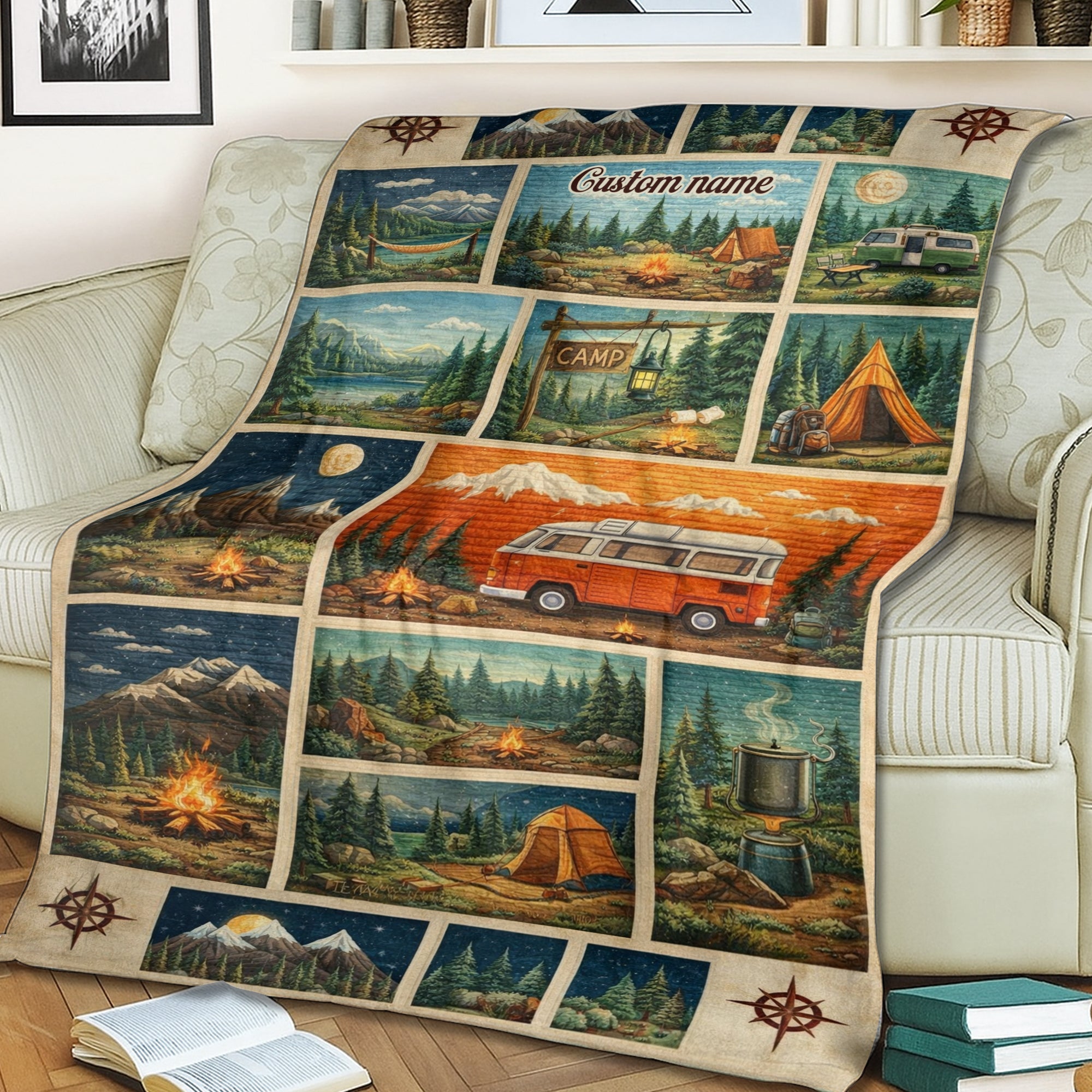 Personalized Camper Patchwork Fleece Blanket – Custom Name Camping Quilt, Cozy RV & Outdoor Gift