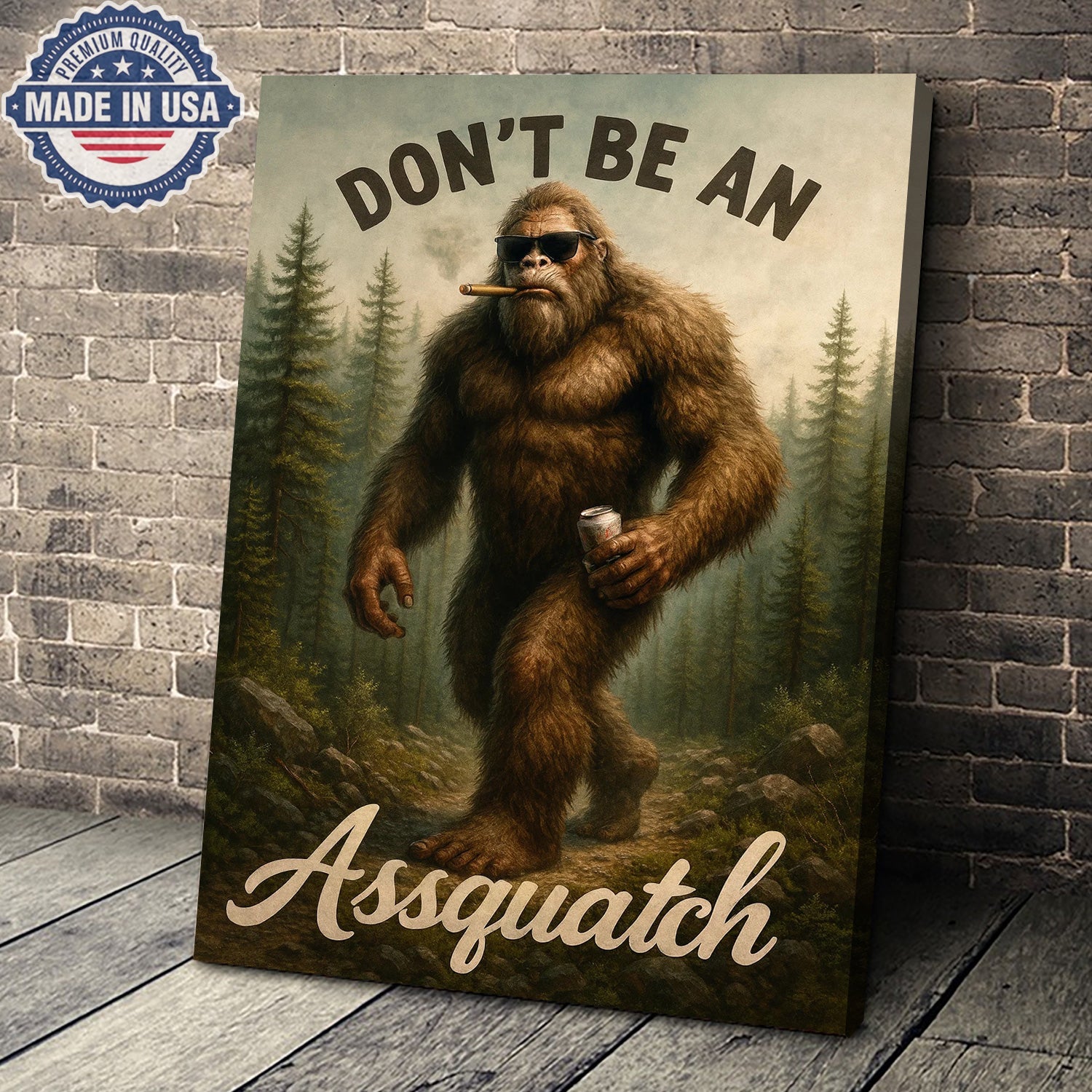 Don’t Be an Assquatch Canvas Wall Art – Funny Sasquatch Forest Illustration, Rustic Cabin Humor Wilderness Home Decor