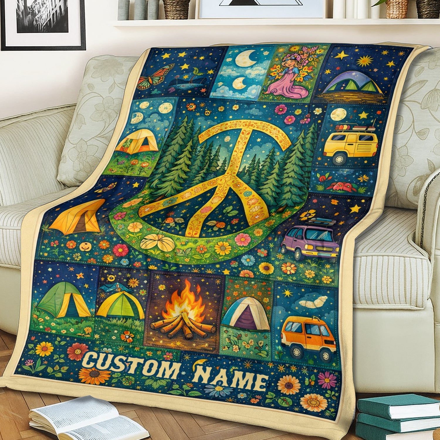 Personalized Hippie Peace Camping Blanket – Custom Name Retro Van Life & Nature Lover Gift