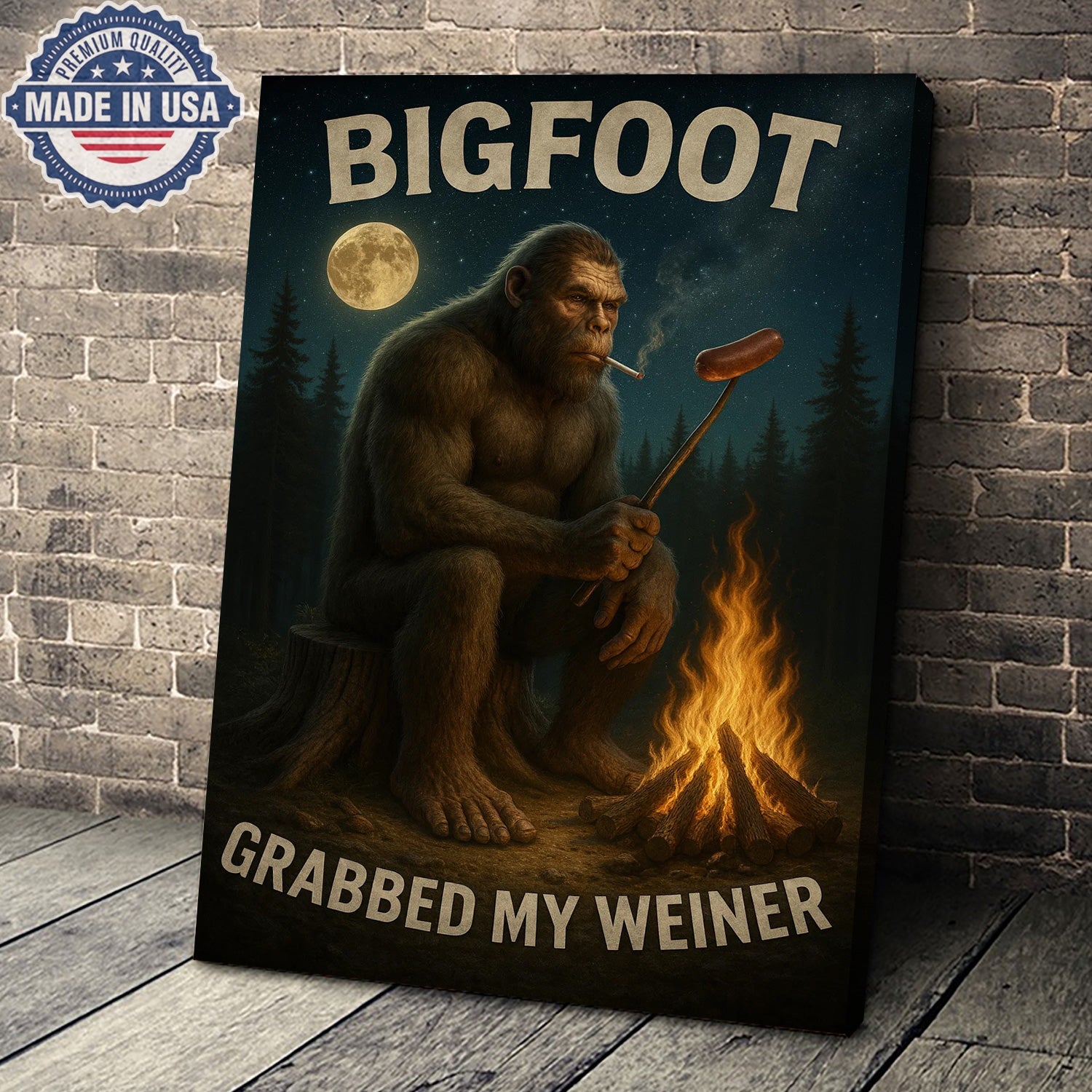 Funny Bigfoot Campfire Canvas Wall Art – Humorous Sasquatch Night Camping Illustration, Rustic Forest Cabin Humor Decor