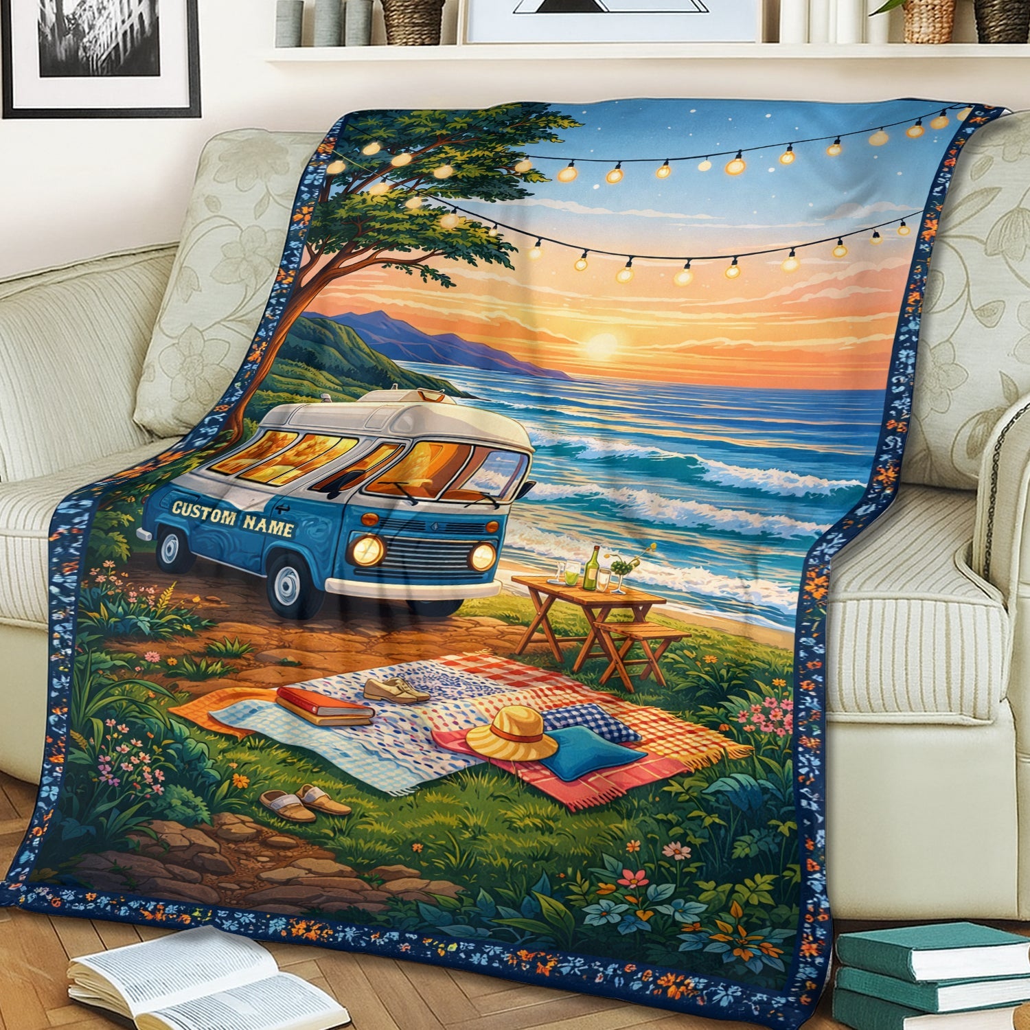 Personalized Van Life Beach Blanket – Custom Name Coastal Sunset Camper Gift for Travel & RV Lovers
