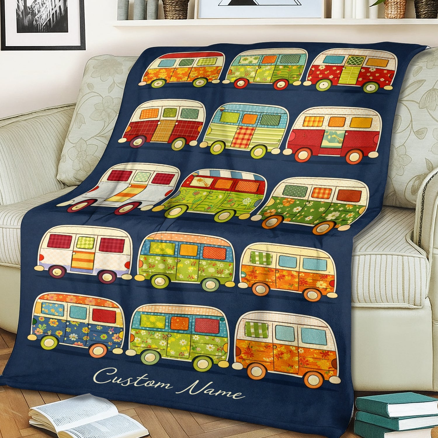 Personalized Retro Camper Van Blanket – Custom Name Vintage Van Pattern Quilt Throw for Van Life Lovers