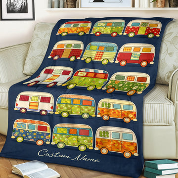 Personalized Retro Camper Van Blanket – Custom Name Vintage Van Pattern Quilt Throw for Van Life Lovers