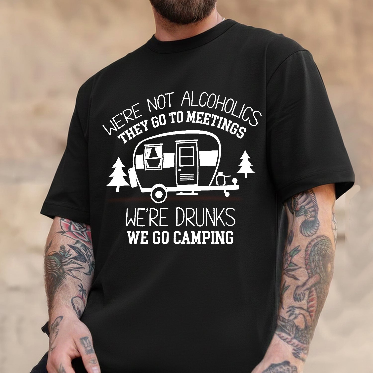 Funny Camping T-Shirt – We’re Not Alcoholics We Go Camping RV Campfire Humor Tee
