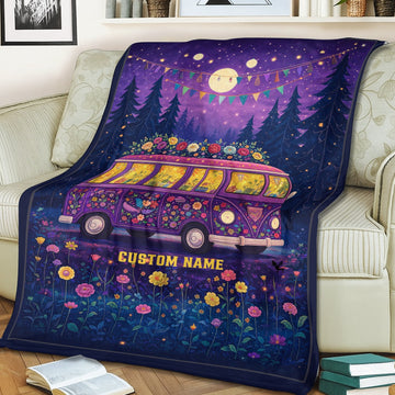 Personalized Hippie Moonlight Van Blanket – Custom Name Boho Retro Festival Gift for Van Life & Flower Lovers